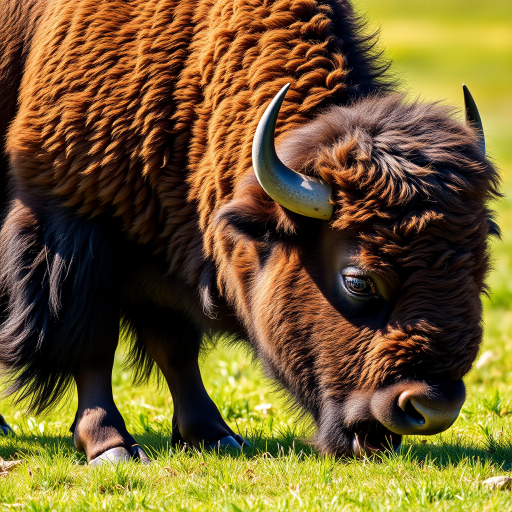 Create a high-resolution illustration of a bison grazing, using a DSLR camera with a 50mm lens, aperture f/2.8, ISO 100, shot in natural light from a low angle with a soft focus background to enhance detail and depth.