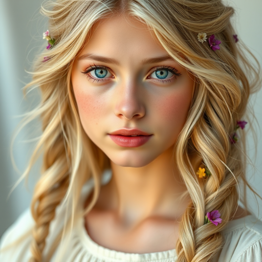 Create an image of a young Eurasian woman with long, wavy blonde hair, adorned with small, colorful flowers woven into her braids and loose strands. Her complexion is fair, with soft, glowing skin, and she has light blue eyes that gaze softly at the viewer. She wears a light, flowing dress with a gentle, ethereal quality, complementing her delicate and serene appearance. The background is slightly blurred, drawing focus to her tranquil expression and the intricate details of the flowers in her hair. The overall mood of the image is one of natural beauty and grace, evoking a sense of peacefulness and connection with nature.