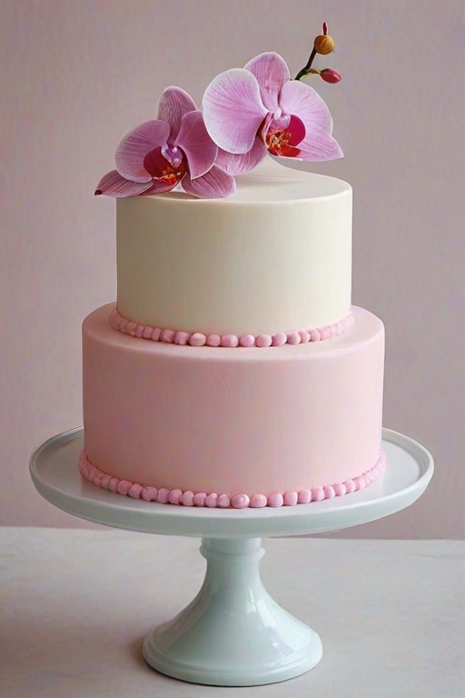 Create an image of a two-tier cake. The top tier should be a smooth pink with a glossy finish and feature a delicate orchid flower on top. The bottom tier should be white and have a clean, elegant design. Place the cake on a simple round cake stand against a soft, neutral background.