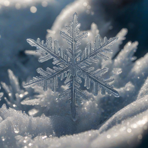 High-resolution close-up of a single snowflake resting on a cold, blue-gloved hand, soft sunlight reflecting off the ice crystals, with tiny intricate details visible in the flake's design.