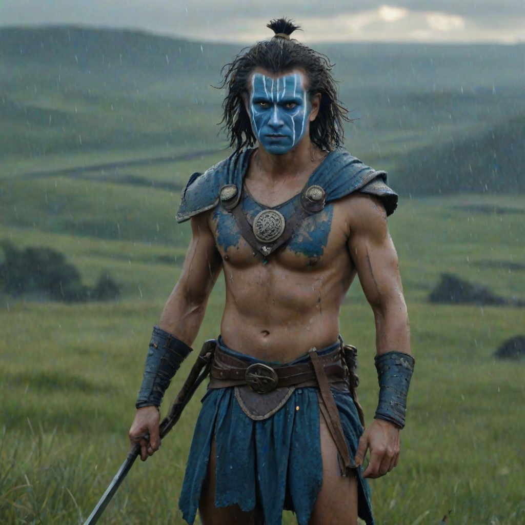 Generate an ultra-realistic and highly detailed photograph of a "brave heart" warrior. he's standing still, looking menacingly at the camera. He has face paint in shades of blue. He's standing on a green hill. Rain. The background is a blurred image of a battlefield. 4k. UHD