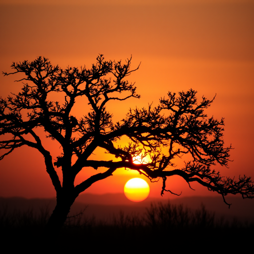 Generate an image of a silhouette of a tree against a sunset background with detailed textures and a soft glowing effect, captured with a DSLR camera at f/2.8, ISO 100, shutter speed 1/60s, in landscape orientation, using a golden hour filter for warm tones.