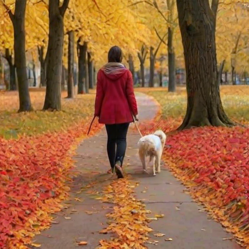 Vibrant autumn park, with leaves in shades of red, orange, and yellow scattered on the ground, a woman walks her dog along a winding path, the leash held loosely in her hand.