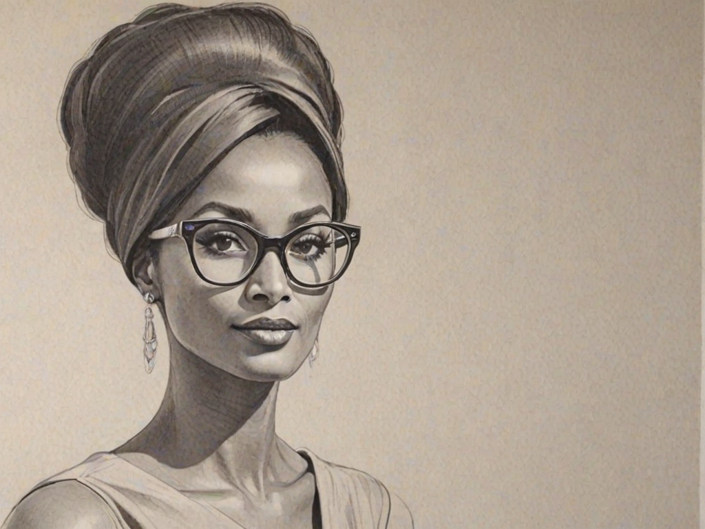 Radiant Iman, pencil sketch, portrait of Delightful woman 1960s in glasses, hair style beatnik, outline, clear lines, fine lines, 8k