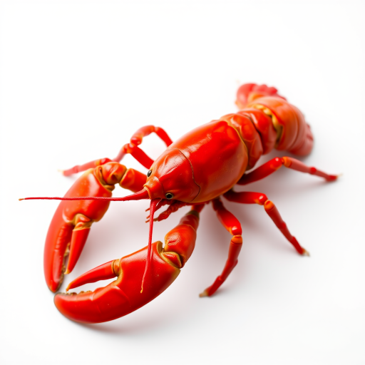 A highly detailed photograph of a vibrant red lobster on a clean white background, captured with a DSLR camera, 50mm lens, f/2.8 aperture, ISO 100, 1/200 sec shutter speed, using a softbox for even lighting and a shallow depth of field to highlight the texture and color of the lobster.
