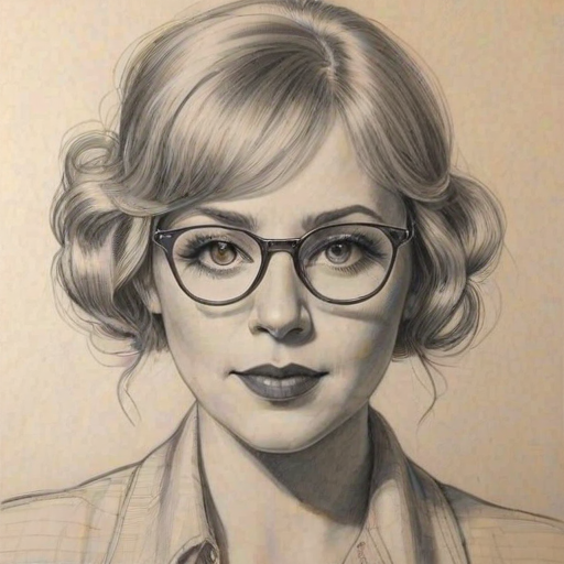 Radiant Kirsten Vangsness, pencil sketch, portrait of Exquisite woman 1921s in glasses, hair style beatnik, outline, clear lines, fine lines, 8k