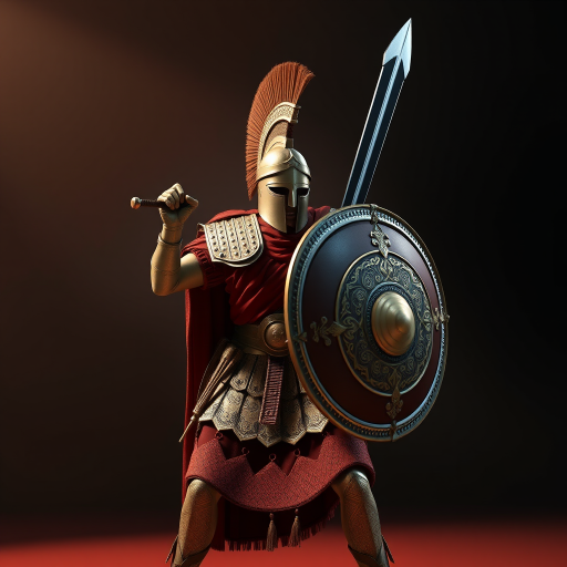 Create a realistic 3D rendering of a Roman soldier, wearing traditional armor with a detailed shield and sword, captured in a dynamic fighting stance under dramatic lighting, using a 50mm lens, f/2.8 aperture, ISO 100, at a low angle with a depth of field effect, in a studio setting to enhance clarity and detail.