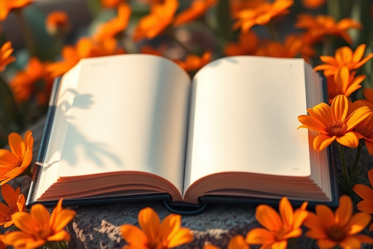 Create an illustration of an open book with blank pages, surrounded by orange flowers, using a DSLR camera with a 50mm lens at f/1.8, ISO 100, and a shallow depth of field, captured in a soft, natural light setting.