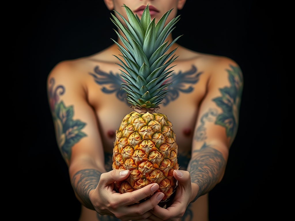 regenerate an artistic image of a person with floral body tattoos holding a pineapple, using a 50mm lens at f/1.8, ISO 200, with dramatic lighting from above and a black background, capturing a soft focus effect for enhanced depth and richness in colors.