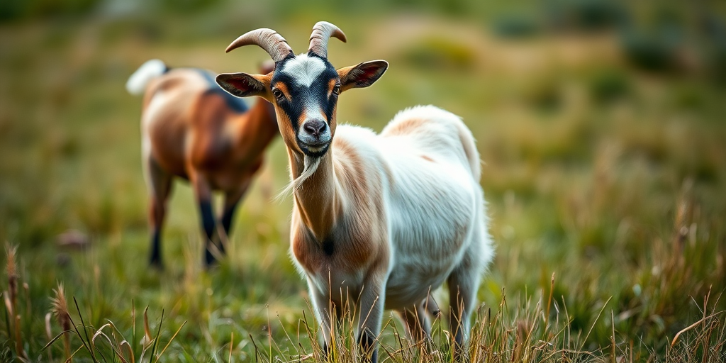 Regenerate the image of a goat standing in a grassy field with another goat in the background, captured with a DSLR camera, 50mm lens, f/2.8 aperture, ISO 100, 1/200 sec shutter speed, soft focus, natural lighting, and shallow depth of field to highlight the subject.