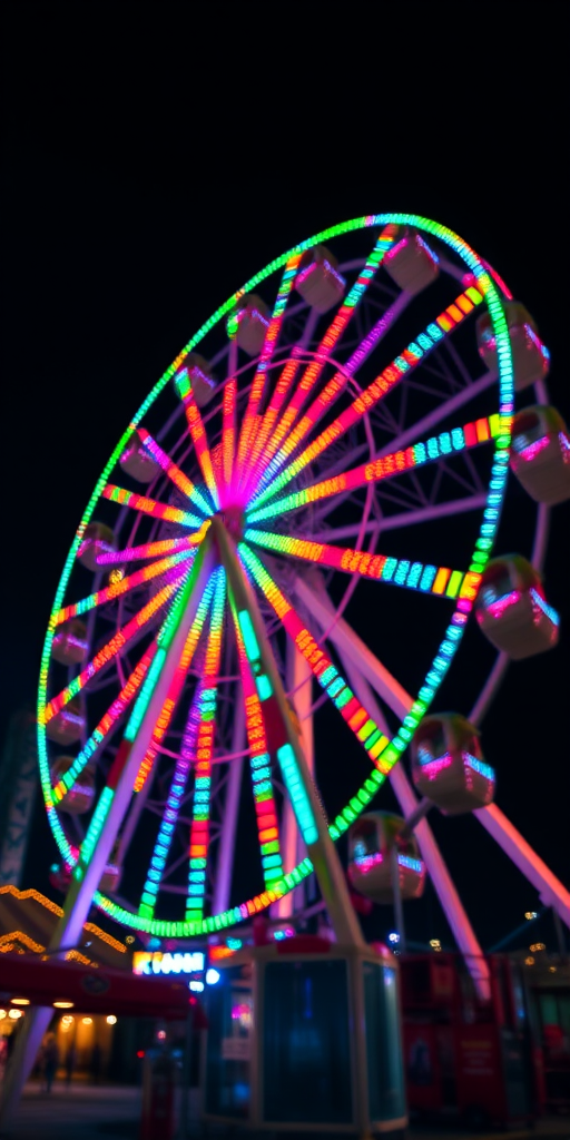 a vibrant night scene of a ferris wheel illuminated with colorful lights, captured from a low angle with a wide aperture of f/2.8 to create a shallow depth of field, ISO 800 for brightness, using a full-frame DSLR camera with a 24mm lens, long exposure of 2 seconds to capture motion blur in the lights