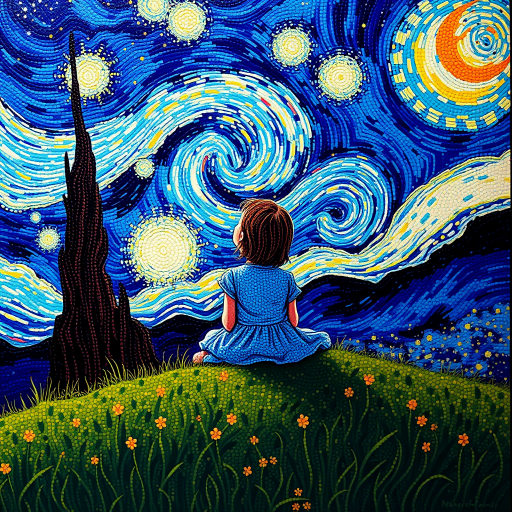A young girl sitting on a grassy hill, looking up at the starry night sky painted in the style of Vincent Van Gogh's famous "Starry Night". The entire image is composed of tiny dots, giving it a dreamlike and illusionary quality. The girl is surrounded by vibrant colors and swirls in the sky, with stars twinkling above her