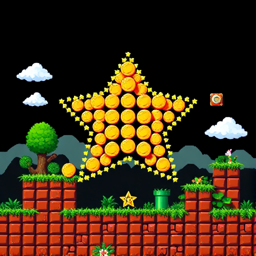 create a retro video game scene inspired by classic platformers featuring a pixelated landscape with a large star shape made of coins against a black background, include greenery, cloud sprites, and classic brick blocks, shot with a digital camera, f/8 aperture, 1/60 shutter speed, ISO 200, contemporary pixel art style, high resolution.
