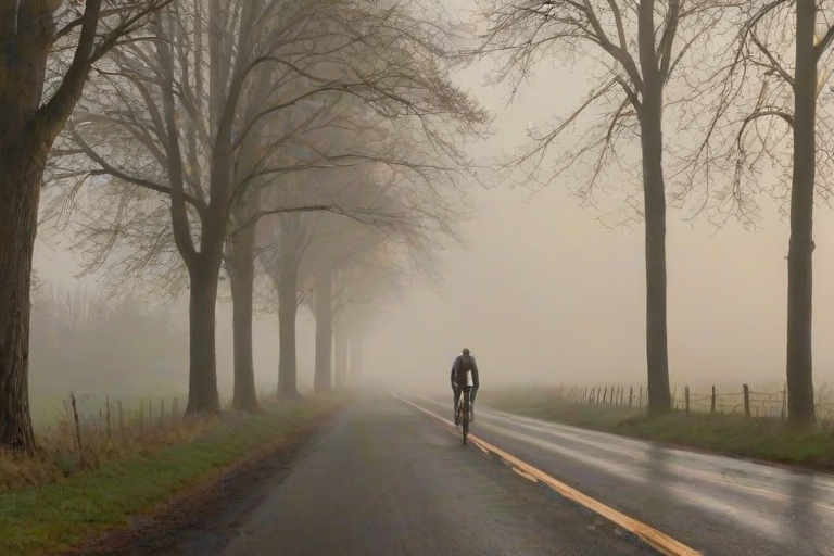Low-light, foggy morning scene, a lone cyclist on a narrow country road, mist hanging low over the fields on either side, soft pastel hues in the sky, wet pavement reflecting the muted light, trees lining the road barely visible through the fog, tire tracks in the damp dirt along the road's edge.