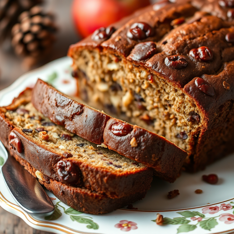 A close-up of a rustic fruitcake sliced into pieces resting on a decorative plate with a silver knife beside it showcasing rich brown tones and a texture filled with dried fruits and nuts. The background is softly blurred to emphasize the cake.