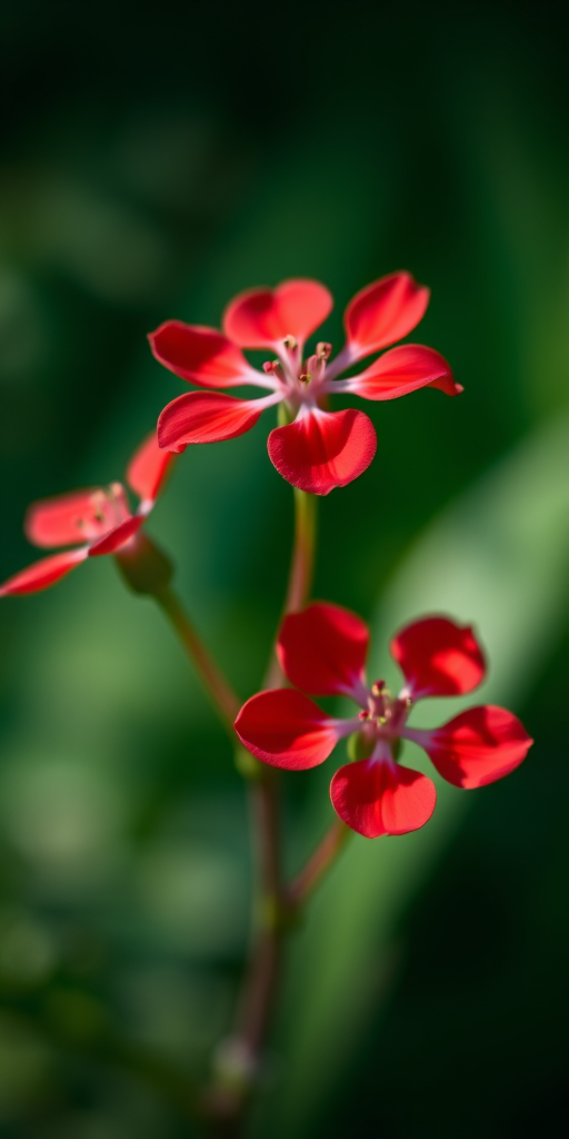 macro shot of delicate red flowers with blurred green background, aperture f/2.8, shutter speed 1/250 sec, ISO 100, taken with a DSLR camera, 50mm lens, natural light, focus on flower details.