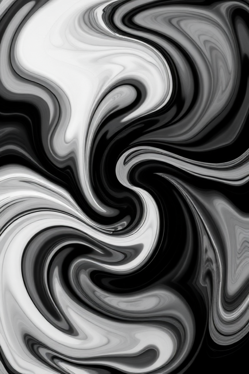 Generate a high-resolution abstract black and white design featuring swirling shapes and patterns captured with a Canon EOS R5, 50mm lens, aperture f/1.8, ISO 100, 1/125 sec, in a studio setting with softbox lighting for even illumination.