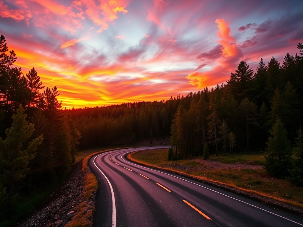 Capture a vivid landscape of a winding road through a forest at sunset, with vibrant orange and purple hues in the sky, using a DSLR camera, 24mm focal length, f/8 aperture, ISO 100, and a shutter speed of 1/250 seconds, in a wide-angle view to enhance depth and detail.