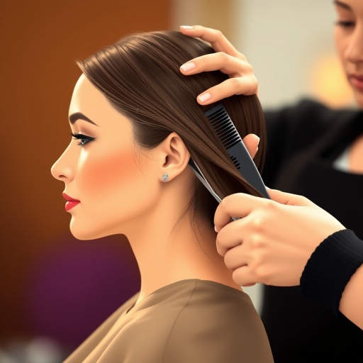 Create a high-resolution vector illustration of a side profile of a woman getting her hair cut, with a stylist holding a comb and scissors, shot with a Canon EOS R5 camera at f/2.8, ISO 100, with a soft focus background to enhance the details of the hair and stylist's hands.