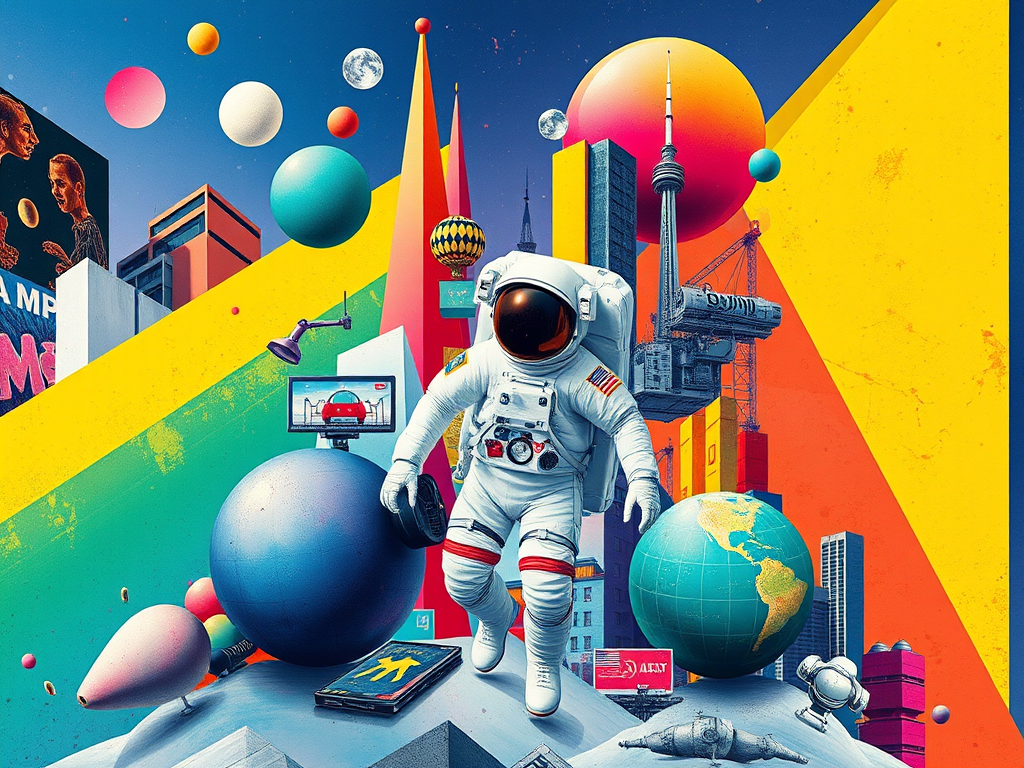Create a vibrant and colorful digital collage featuring an astronaut among abstract shapes and urban elements, using a high-resolution camera at 50mm focal length, f/2.8 aperture, ISO 100, in a wide-angle view, with a modern DSLR camera style.