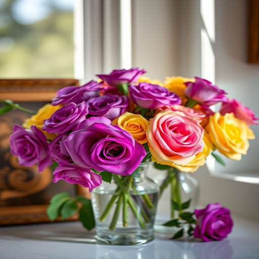 Create a vibrant still life composition of a bouquet featuring purple and yellow roses, placed in elegant glass vases, with soft natural light streaming through a window; use a DSLR camera with a 50mm lens at f/1.8, ISO 100, and a shutter speed of 1/200s, capturing bright colors and delicate details.