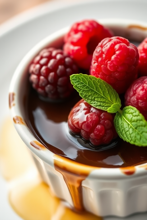 A close-up shot of a chocolate dessert topped with fresh raspberries, a drizzle of honey in a small bowl, with a mint leaf for garnish, taken with a DSLR camera at f/2.8 aperture, ISO 100, and a 50mm lens, natural light to enhance the textures and colors.
