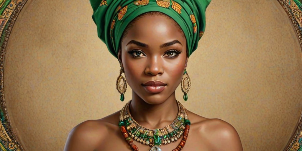 Create a portrait of a beautiful Igbo woman with striking green eyes and a gentle expression. She is adorned in traditional attire with intricate patterns, including a richly embroidered headscarf and matching garments. Her jewelry includes a delicate headpiece, dangling earrings, and ornate bracelets, all featuring vibrant gemstones and detailed metalwork. The background is soft and warm, enhancing the rich colors of her outfit and jewelry.
