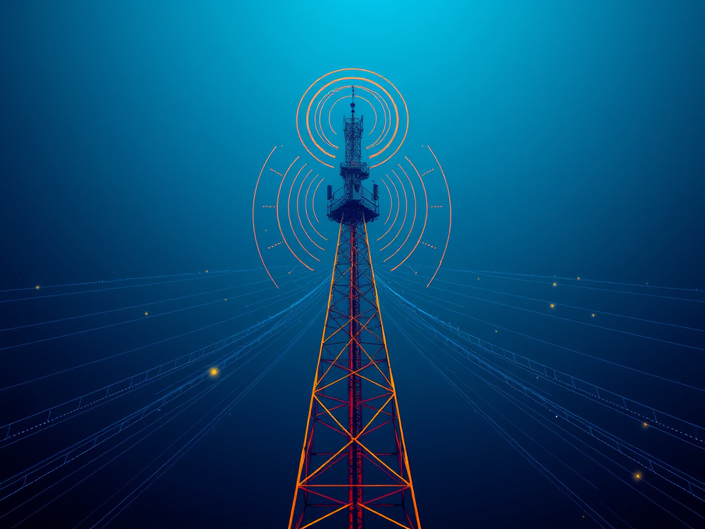 Create a high-resolution graphic of a 6G signal tower surrounded by radiating waves, using a Canon EOS 5D Mark IV with a 24-70mm f/2.8 lens, aperture set to f/8, ISO 100, shot from a central perspective to enhance depth, with a gradient blue background for a modern tech theme.