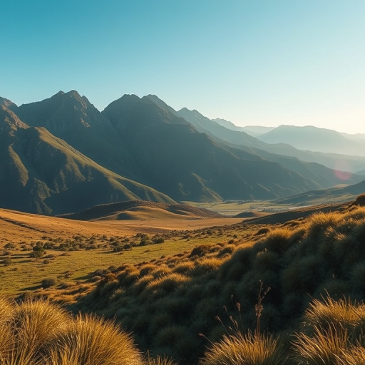 Create a high-resolution image of a serene landscape with mountains in the background and a clear sky, captured with a Canon EOS R5 at ISO 100, aperture f/8, shutter speed 1/250s, in a wide-angle view to emphasize the vastness, using a digital photography style.
