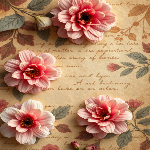 Create a vintage floral texture background with soft earthy tones and faded handwriting, captured with a DSLR camera at f/8 aperture, ISO 100, 50mm lens, natural light, and a soft focus effect for a dreamy quality.