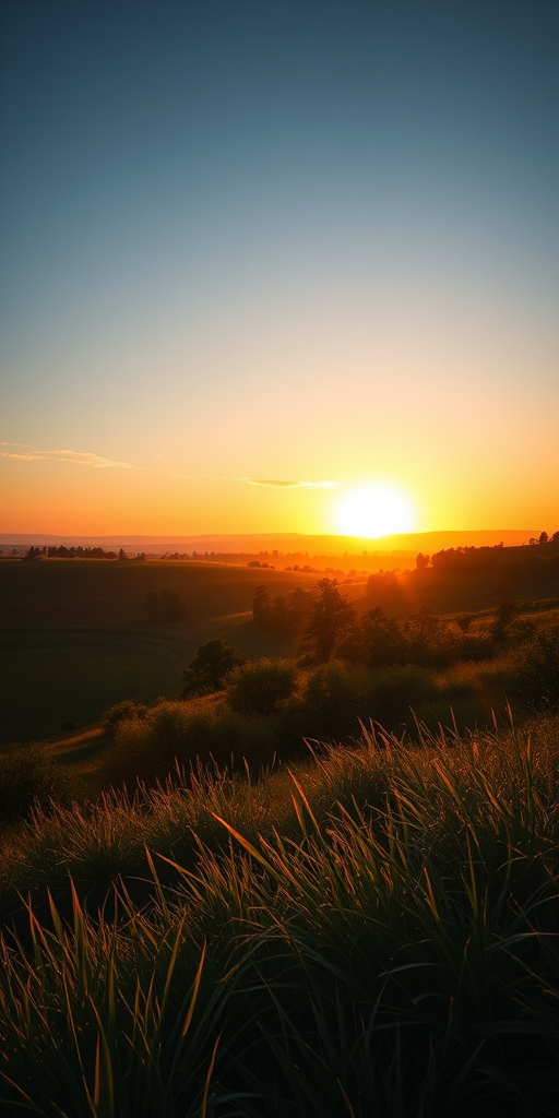 Generate a high-resolution image of a serene landscape during golden hour, with soft lighting and gentle shadows, using a Canon EOS R5 camera, 50mm lens, aperture f/1.8, shutter speed 1/250 sec, ISO 100, shot at eye level with a wide dynamic range to capture vibrant colors.