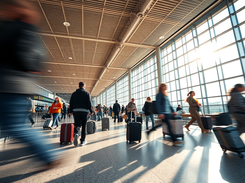 high-traffic airport terminal during daytime, dynamic motion blur of travelers with luggage, bright natural light streaming through large windows, take with a DSLR camera, f/4 aperture, ISO 100, 1/60 sec shutter speed, wide-angle lens, shoot from a low angle for depth perspective