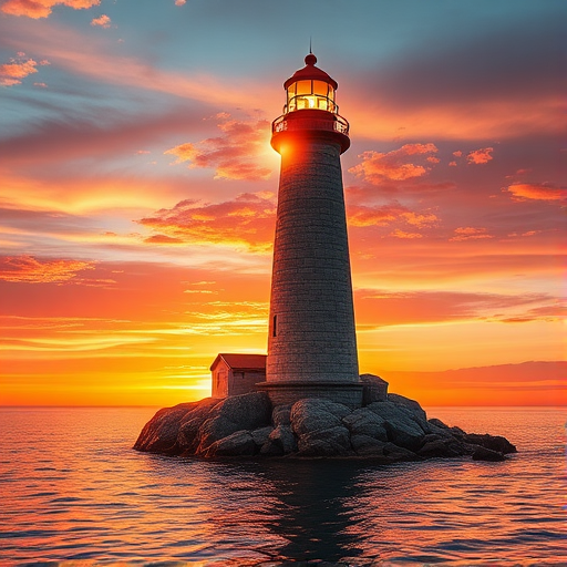 Generate an image of a tall lighthouse perched on a rocky outcrop surrounded by calm ocean waters during a breathtaking sunset. The lighthouse stands sturdy and weathered, its stone surface illuminated by the warm golden light of the setting sun. The sun's rays pass directly through the glass lantern room at the top of the lighthouse, casting a brilliant light across the scene. The sky is painted with vibrant shades of orange, pink, and purple, reflecting off the tranquil sea. The surrounding water shimmers with the same warm hues, creating a serene and majestic atmosphere.