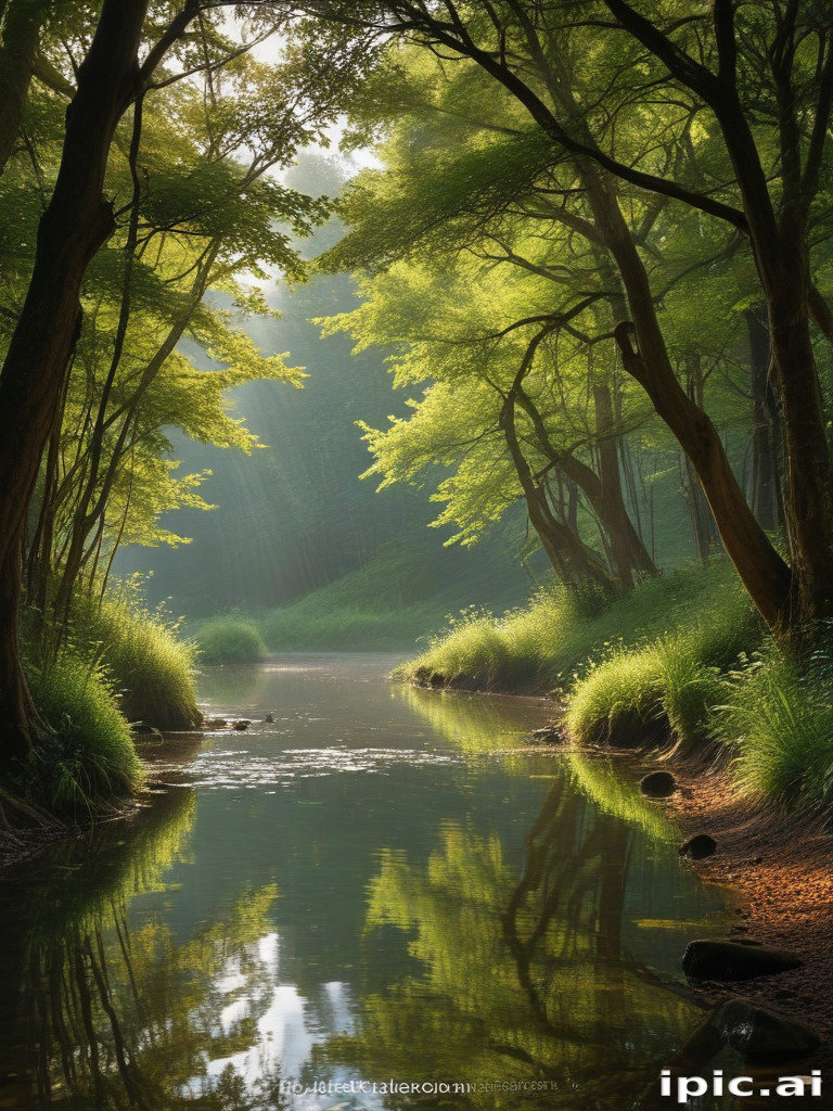 Sunlight Filters Through Lush Green Trees Over a Serene River Scene