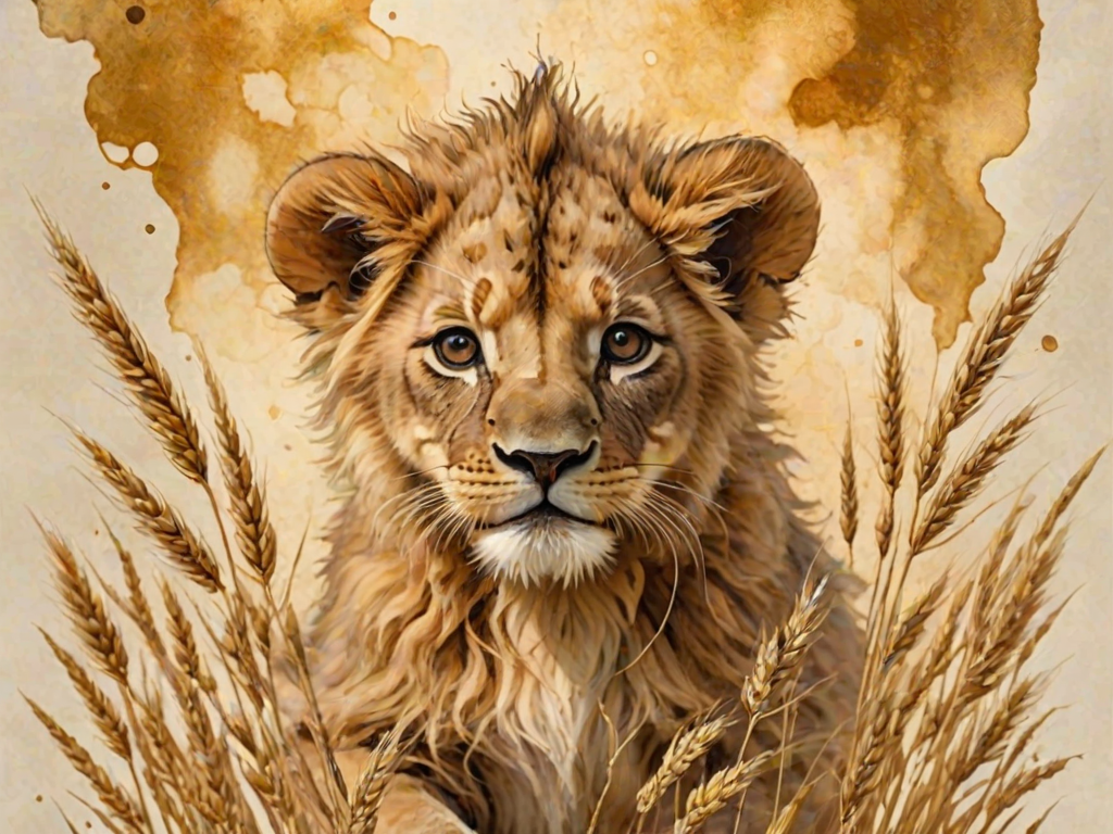 Soft, muted Alcohol Ink with ebru effect background image of tiny whimsical lion, who climbed high on the top of a golden rye ear.