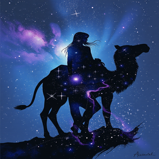 Captivating conceptual render alcohol ink art, double exposure, the paint strokes artfully merge combining a woman's full silhouette with a Cordial camel's silhouette. The figures are composed of a series of colored dots, lines & spots that evoke the image of a cosmic galaxy, colors are deep shades of blue purple & black with flashes of white & silver representing distant stars. The woman's silhouette is formed within the lion's silhouette from constellations of scattered stars, surreal