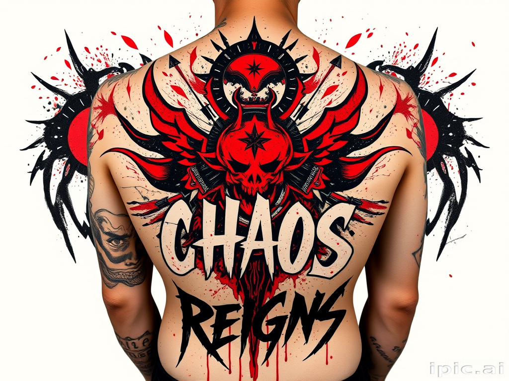 Edgy trash polka tattoo called "Chaos Reigns" combining bold red and black elements with abstract shapes and typography, creating a dynamic and visually striking full back piece