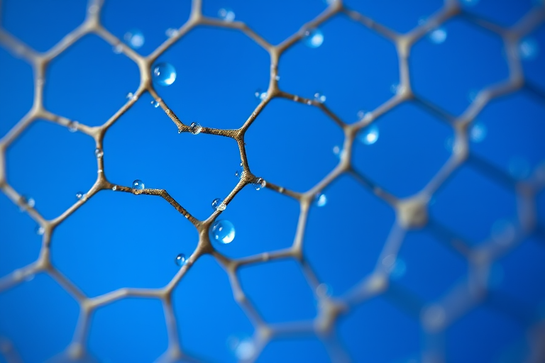close-up of a hexagonal mesh pattern with water droplets on a vibrant blue background, shallow depth of field, f/2.8 aperture, 50mm lens, macro photography, natural light