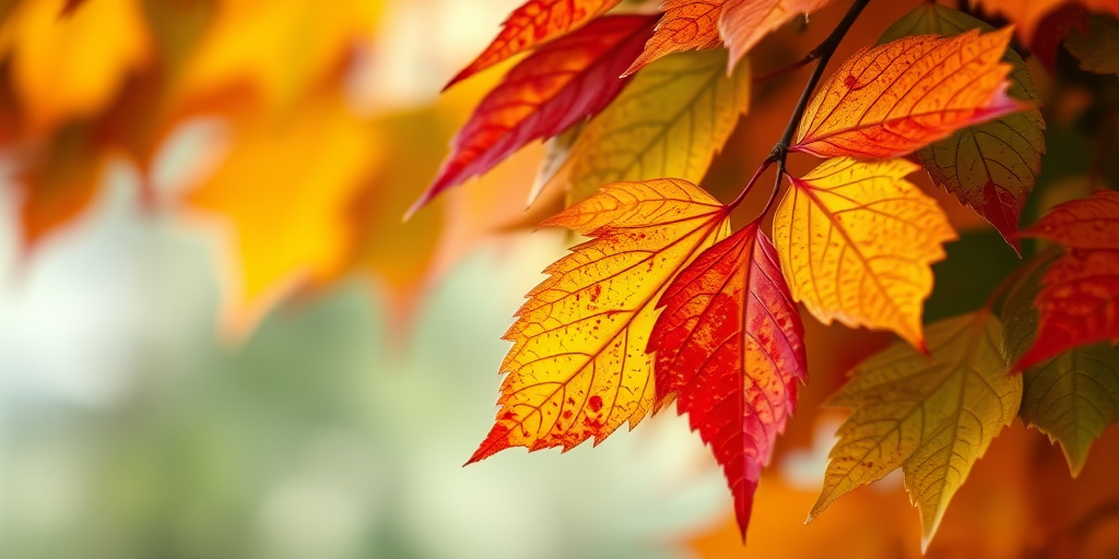 Create a close-up, high-resolution image of vibrant autumn leaves with sharp details, low aperture (f/2.8), ISO 100, focal length 50mm, using a DSLR camera with a macro lens in natural lighting to enhance colors and textures against a soft blurred background.