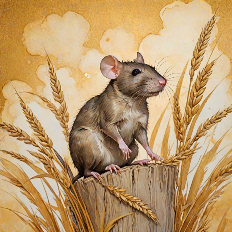 Soft, muted Alcohol Ink with ebru effect background image of tiny whimsical rat, who climbed high on the top of a golden rye ear.