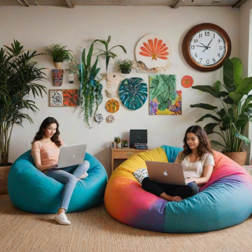 illustrate a split scene with a man working at a desk on one side and a woman relaxing with a laptop in a colorful bean bag chair on the other side, featuring plants, a clock, and decorative wall art in a cozy environment