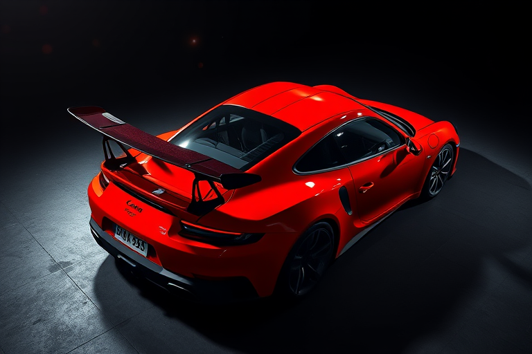 high-angle shot of a sleek red sports car with a prominent rear wing in a dark studio setting, use a Canon EOS R5 with a 24-70mm f/2.8 lens, aperture f/4, ISO 100, long exposure 1/60 sec, enhance lighting for dramatic shadows and highlights