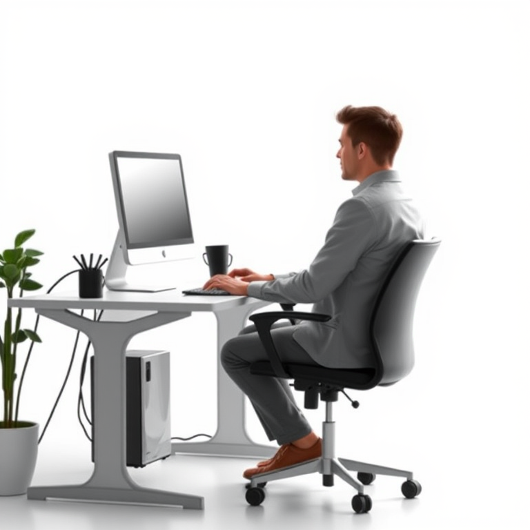 Create a high-quality vector graphic of a sitting person working at a computer desk, using a 50mm lens, f/2.8 aperture, ISO 100, natural light, with a clean white background for better contrast, in a frontal view to enhance clarity and focus on the subject.