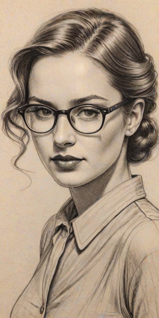 Gorgeous Kristina Anapau, pencil sketch, portrait of Fascinating woman 1935s in glasses, hair style beatnik, outline, clear lines, fine lines, 8k