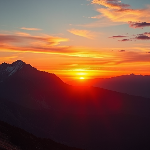 Create a high-resolution image of a sunrise over a mountain range with vibrant colors, using a DSLR camera at f/8 aperture, ISO 100, 24mm focal length, and a wide-angle view.