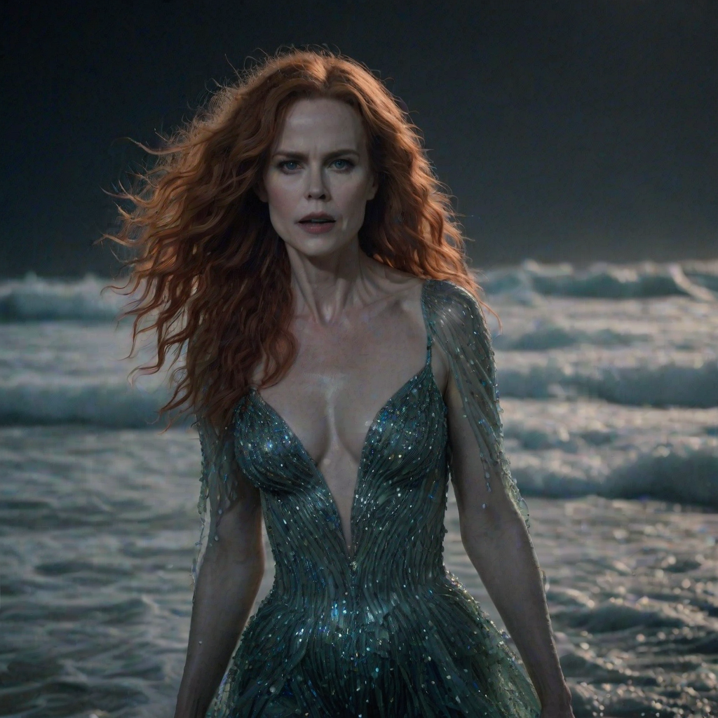 Bewitching image of Nicole Kidman, Big Little Lies star, with her porcelain skin and cascading red curls, emerging from misty waves in a sheer, iridescent gown, on a moonlit beach dotted with bioluminescent algae