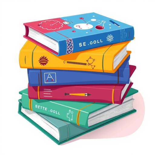 create a vector illustration of four colorful textbooks stacked with science-themed designs on the covers, use a clean and modern style, camera type: digital camera, camera settings: ISO 100, aperture f/8, shutter speed 1/125s, camera view: top-down angle, white background for contrast