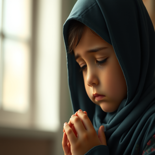 Create a digital illustration of a young girl in a headscarf with a sad expression, hands clasped in prayer, using a Canon EOS R5 camera with a 50mm f/1.2 lens, natural light, and a shallow depth of field to enhance the emotional quality of the image.