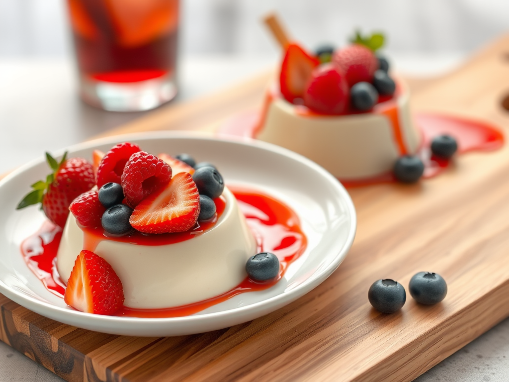 A delicious panna cotta dessert topped with fresh strawberries raspberries and blueberries on a white plate with a drizzle of red fruit sauce served on a wooden cutting board with a glass of drink in the background