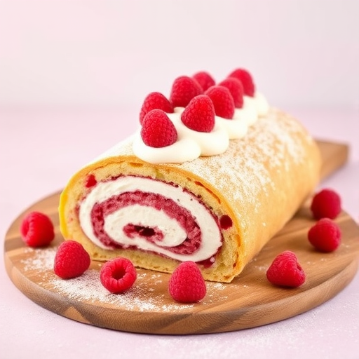 A delicious raspberry roll cake topped with whipped cream and fresh raspberries on a wooden board, sprinkled with powdered sugar, with a soft pastel background.